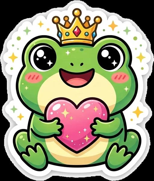 Die-cut frog prince sticker holding a heart