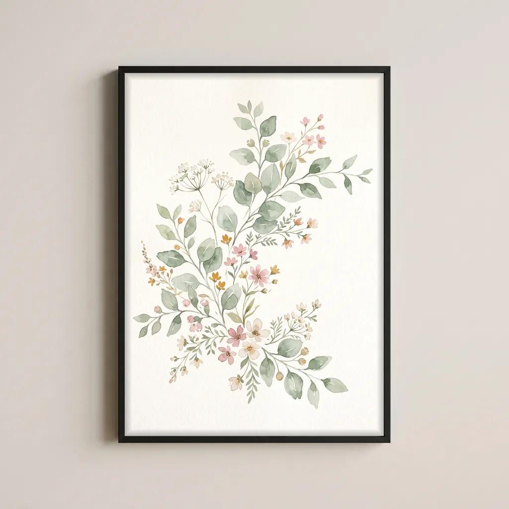 Framed watercolor botanical poster with eucalyptus and wild flowers