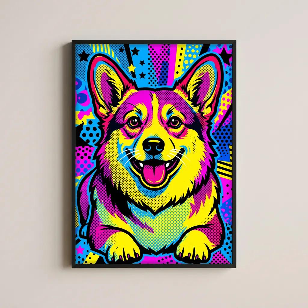 Framed pop-art poster of a smiling corgi