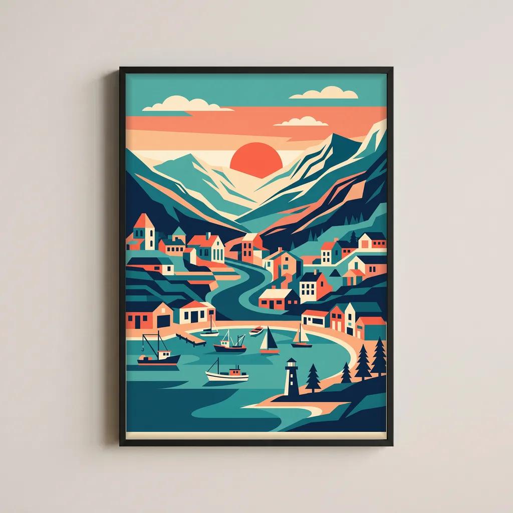 Framed mid-century travel poster of a coastal town at sunset