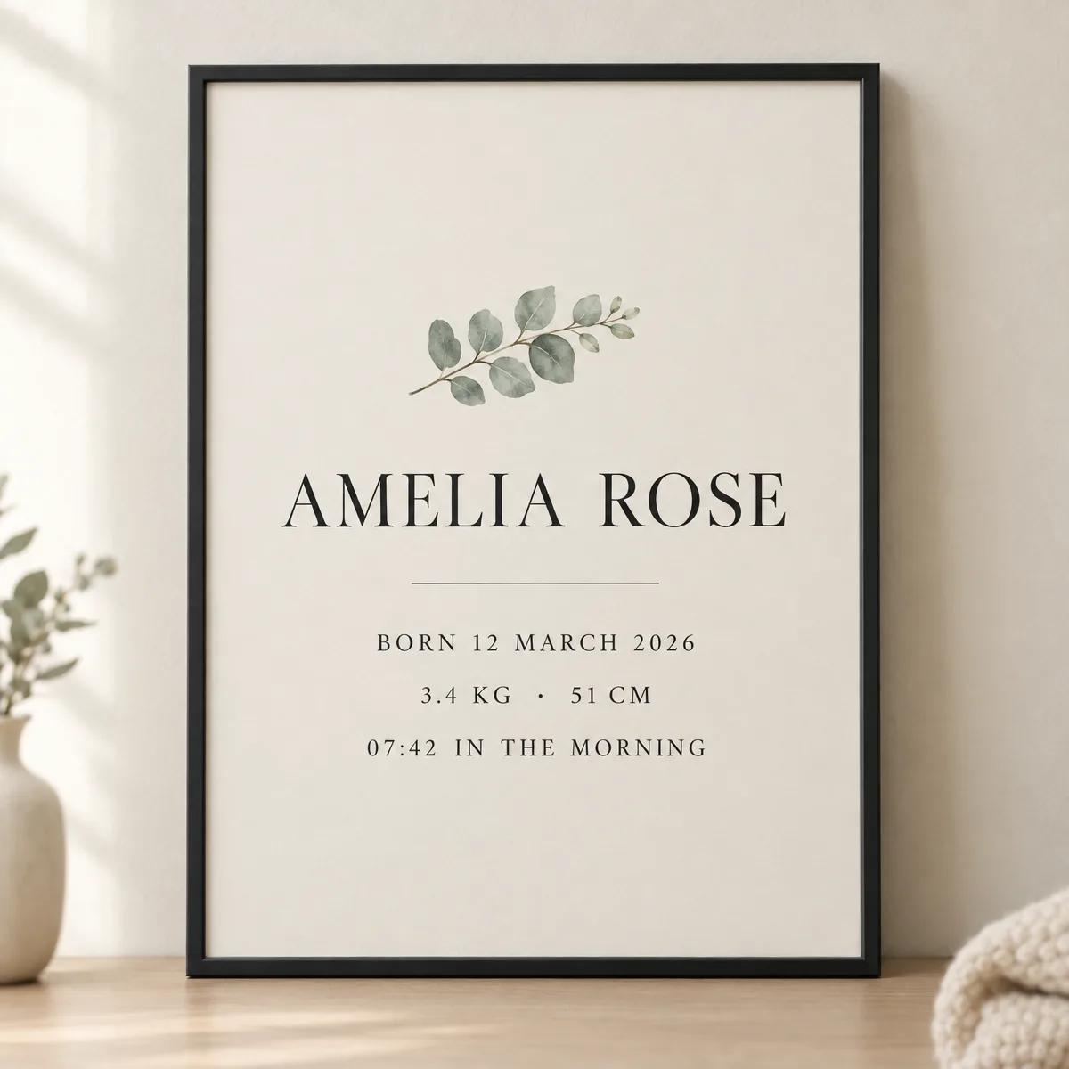 A framed typographic birth-announcement poster with the baby's name, date and weight
