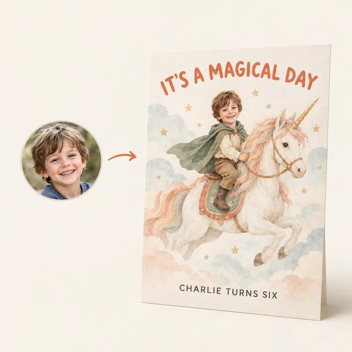 A child's photo in a circle beside the finished birthday invitation it was composed into
