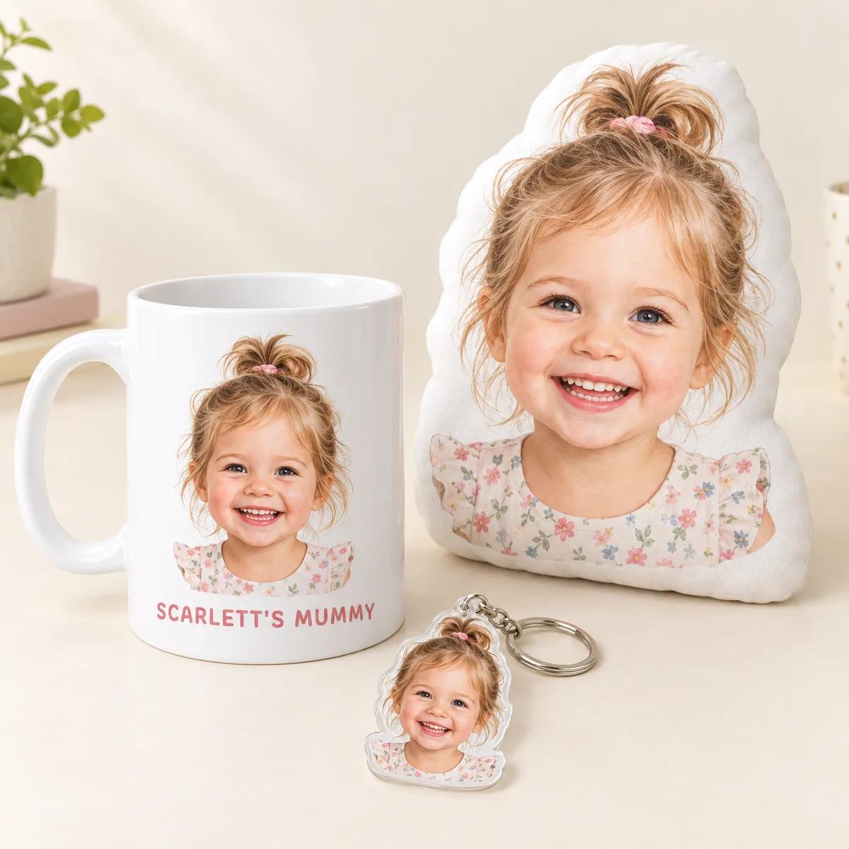 A mug, a cut-to-shape cushion and a keychain printed with the same child's face