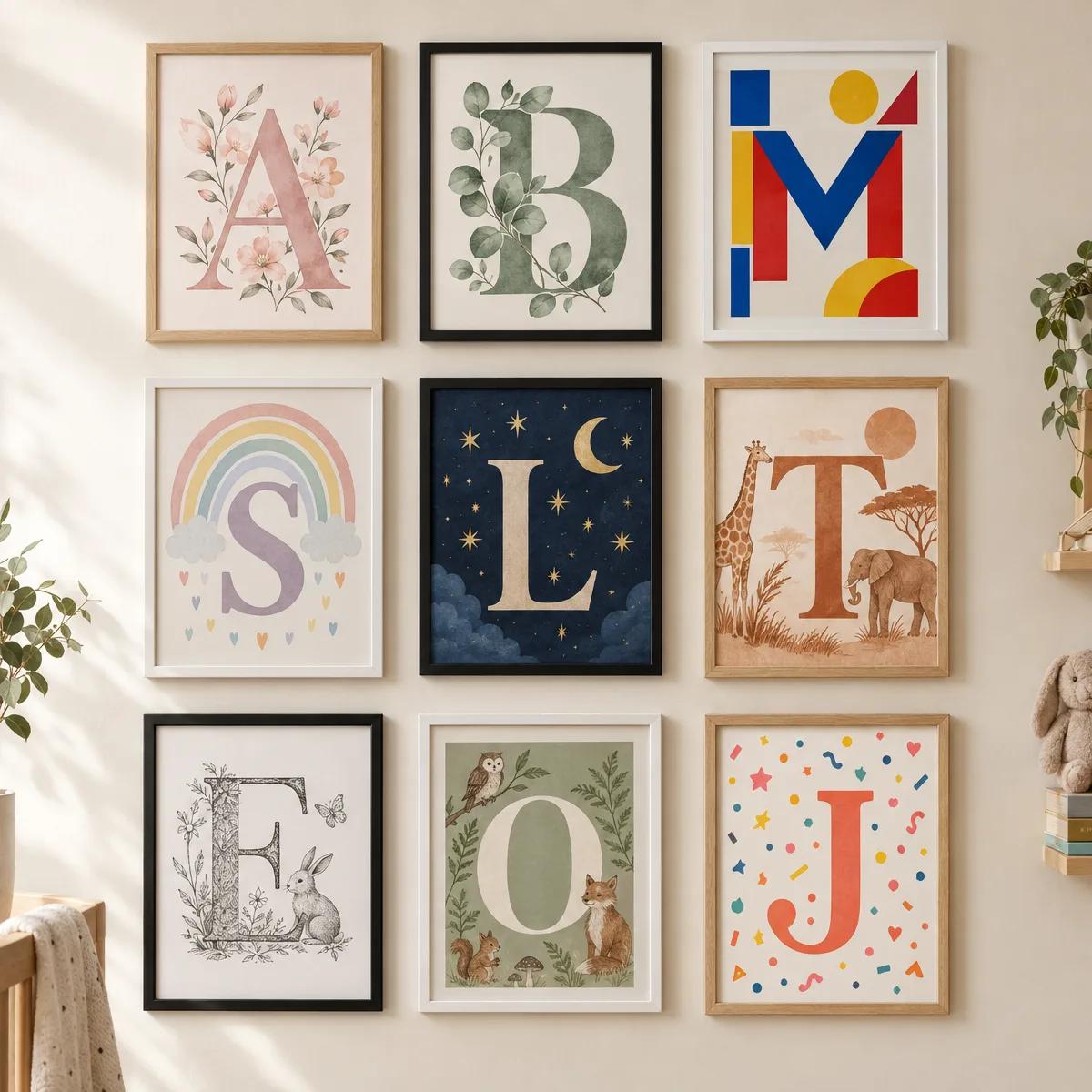 A gallery wall of nine nursery letter prints, each in a different style and palette