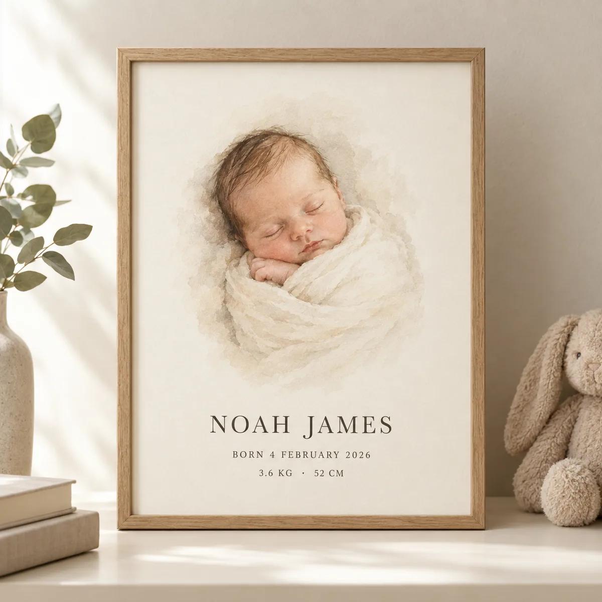 A framed watercolour newborn portrait with the baby's name, birth date and weight