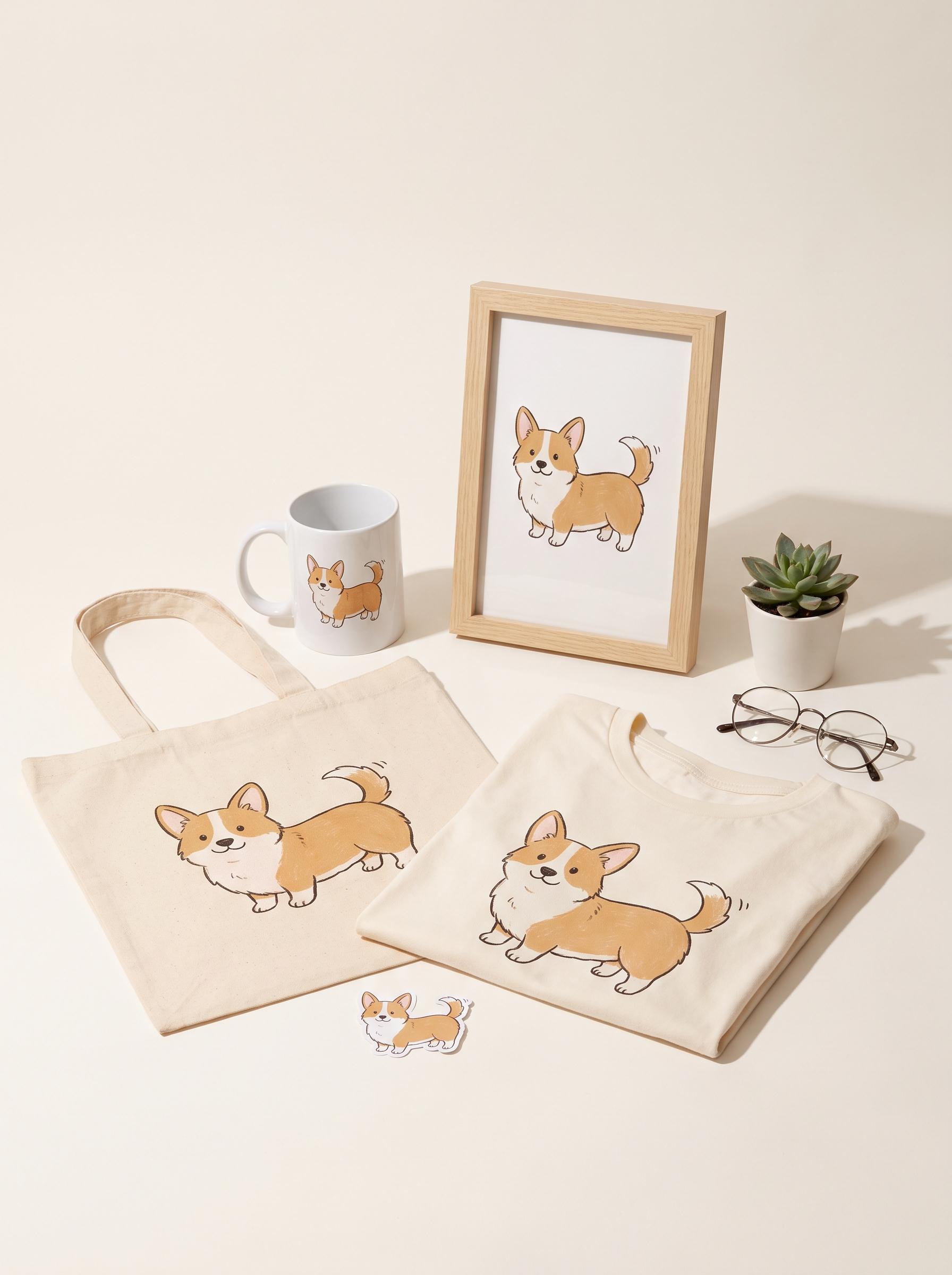 A merch collection printed with one tan-and-white corgi design: mug, framed print, tote, tee and sticker