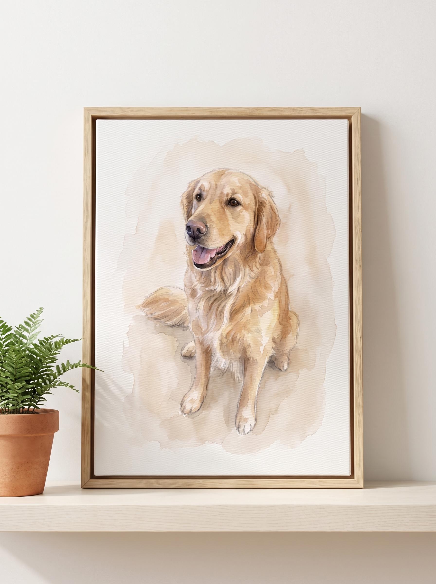 A framed painterly portrait of a golden retriever on a shelf