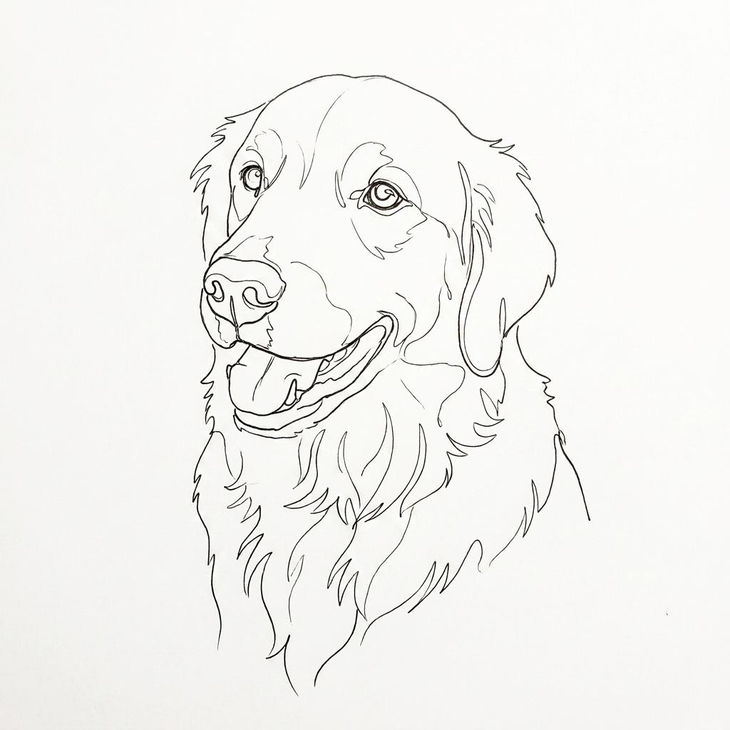 A line-sketch portrait of a golden retriever
