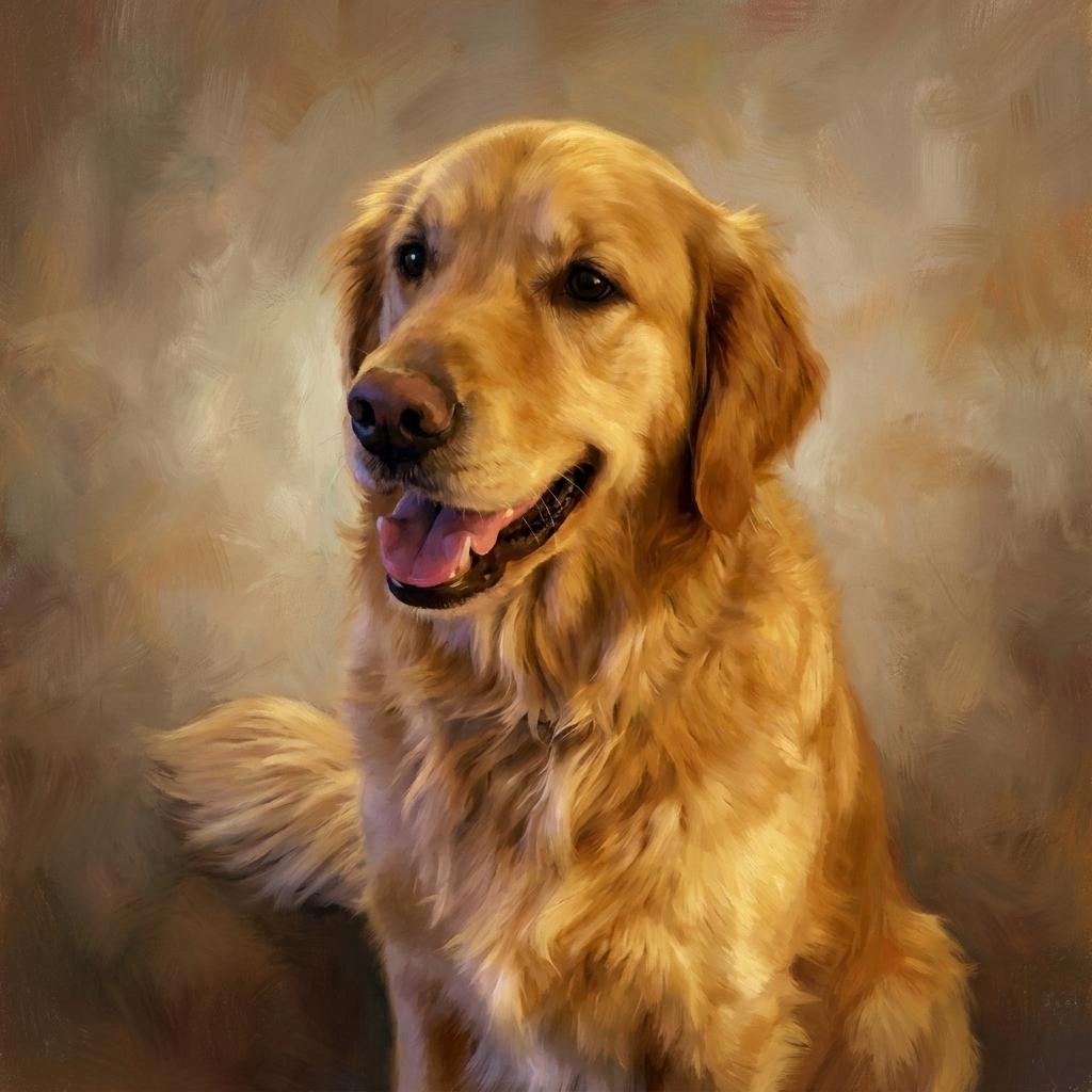 An oil-painting portrait of a golden retriever