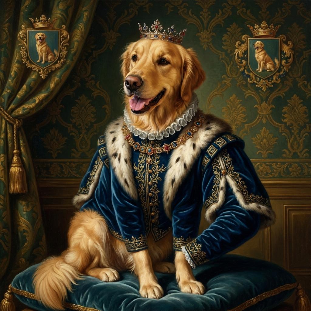A royal portrait of a golden retriever