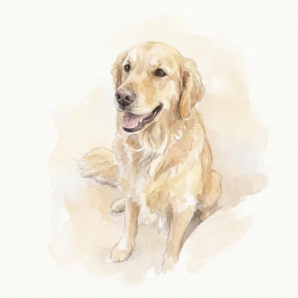 A watercolour portrait of a golden retriever