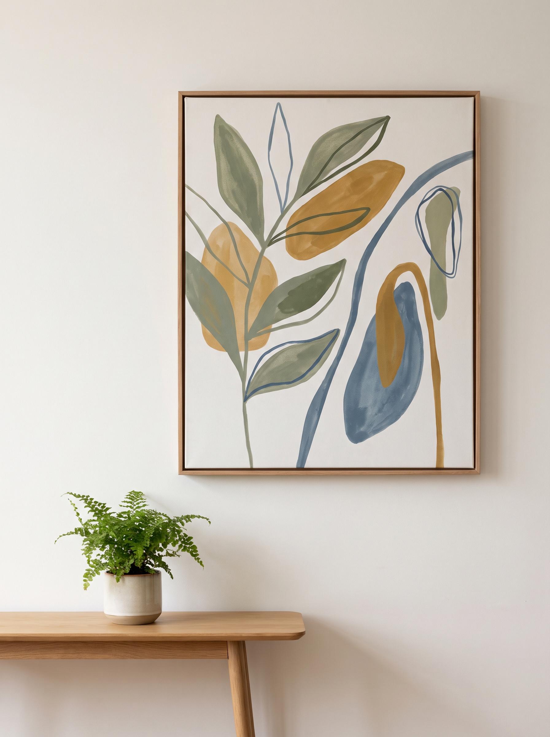 A botanical abstract art design on a framed canvas on a modern wall
