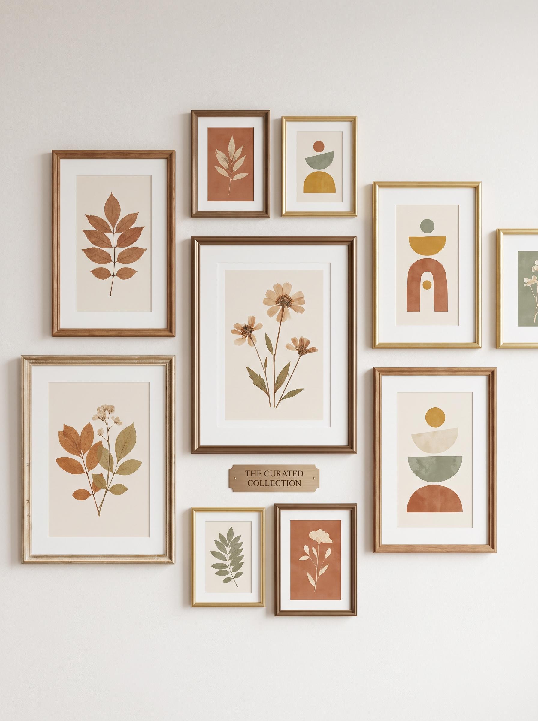 A curated gallery wall of framed botanical and abstract art prints