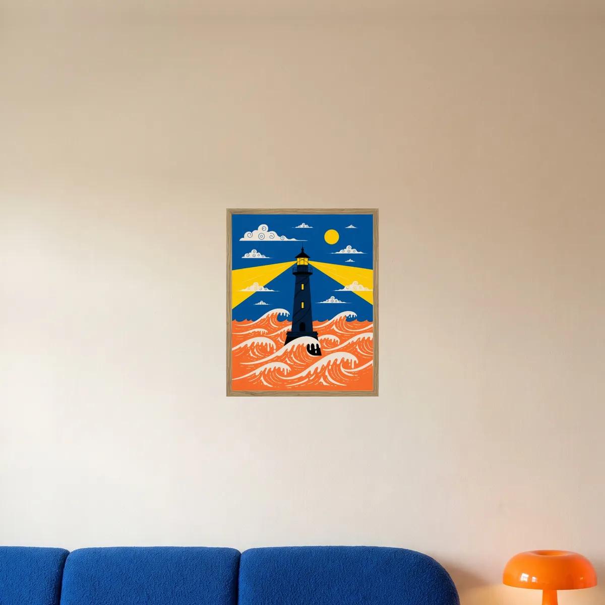 Lighthouse Stormy Seas in a oak 40 × 50 cm frame above a sofa