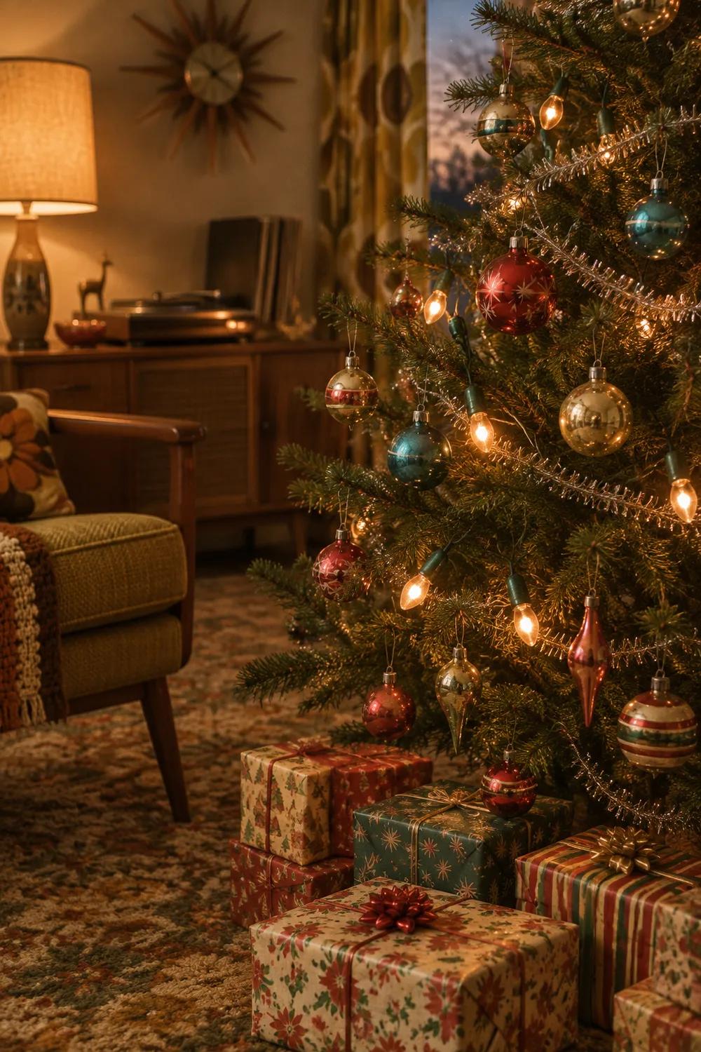 A small fir tree hung with faded vintage glass baubles beside retro-wrapped presents