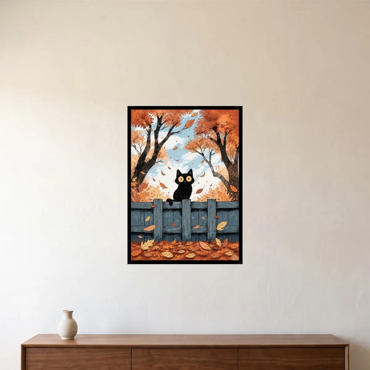 A black cat on a fence among falling orange leaves, in a black frame above a sideboard