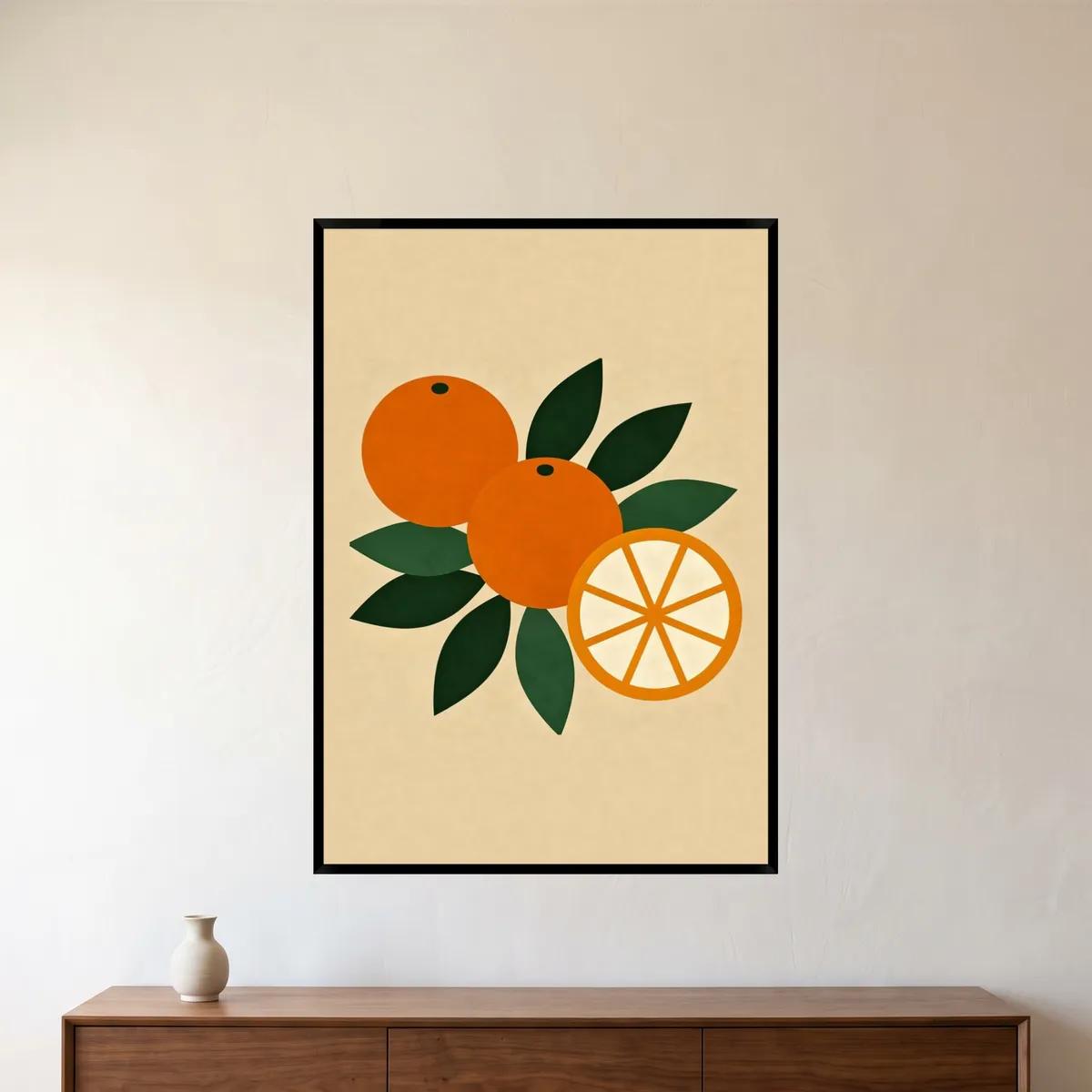 The citrus print in a black frame above a walnut sideboard