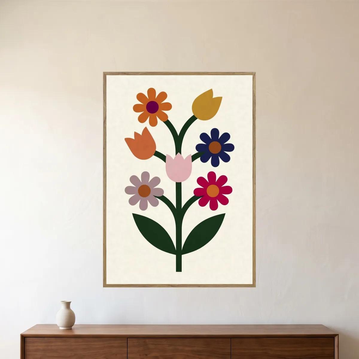 The floral bouquet print in an oak frame above a walnut sideboard
