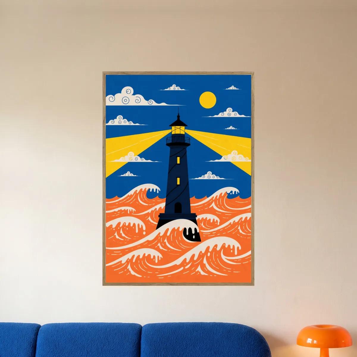The lighthouse print in an oak frame above a blue sofa