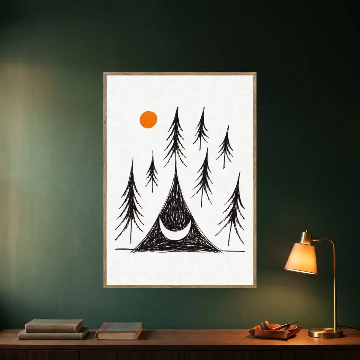 The Tent Moon Pines print in an oak frame on a dark green wall