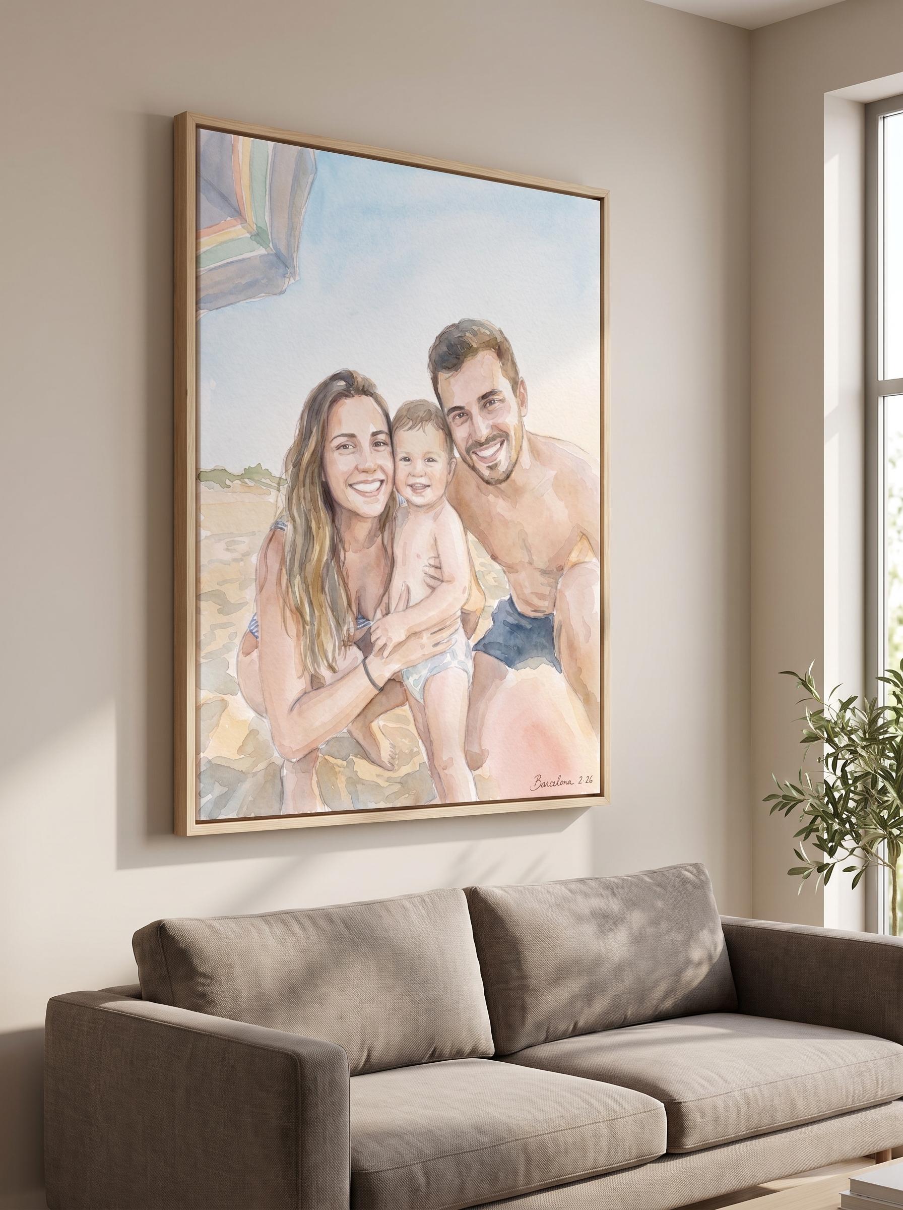 A framed gallery canvas of a family beach photo on a living-room wall