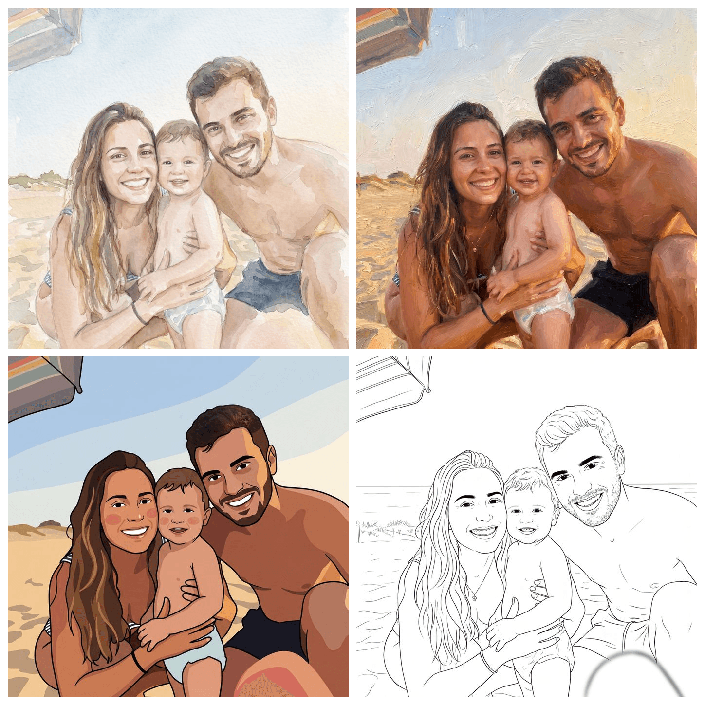 A living-room wall preview showing a large framed family beach photo