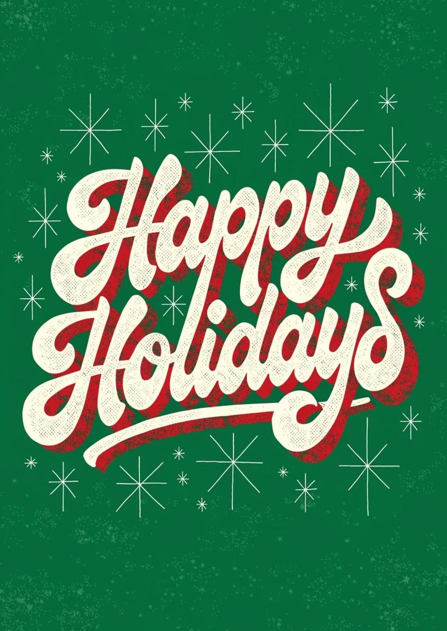 Retro cream and red Happy Holidays script lettering on a deep green ground with snowflakes