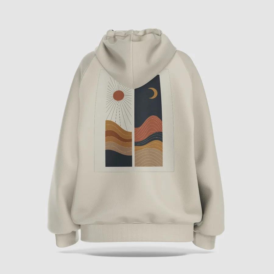 Cream hoodie with the sun and moon landscape printed on the back