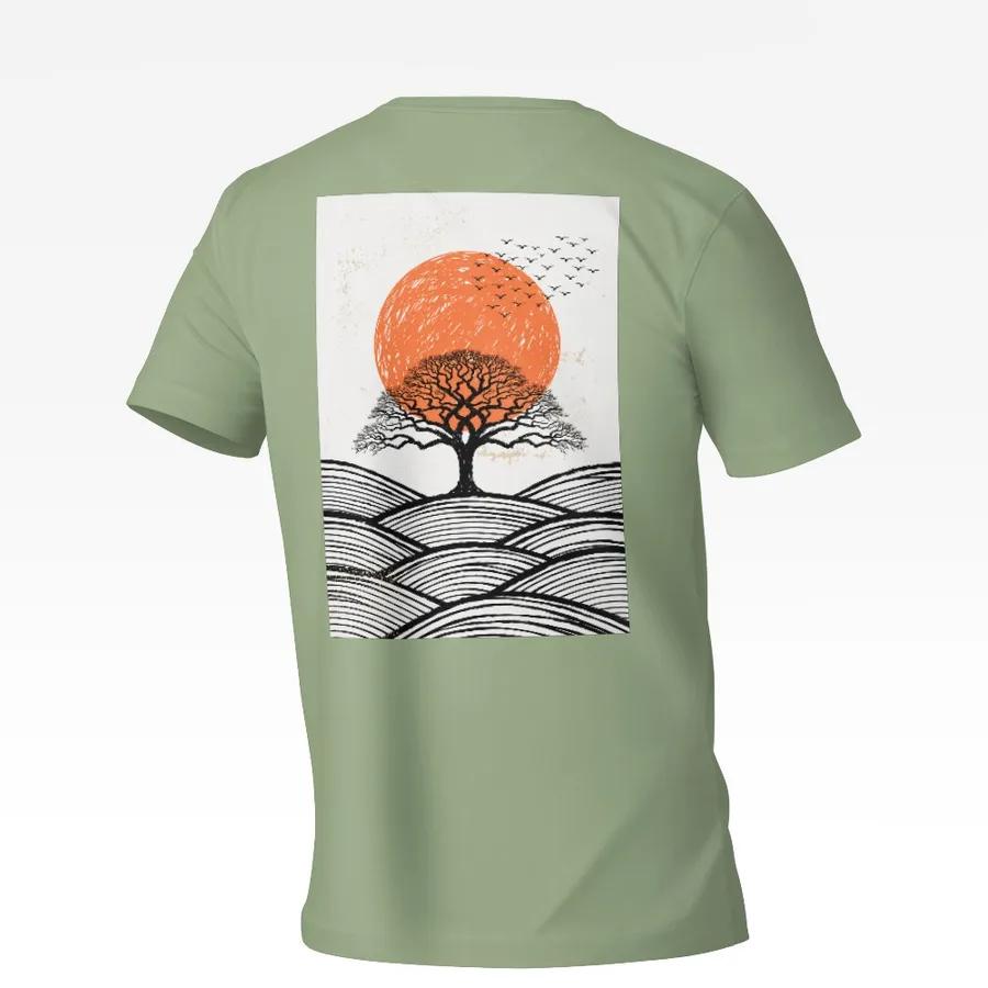 Sage T-shirt with the tree and sun line-art print on the back