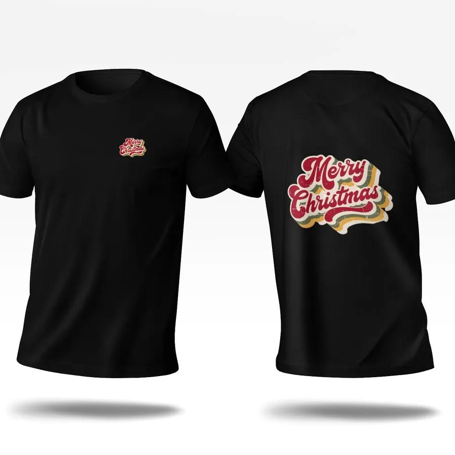 Black T-shirt with a small Merry Christmas emblem on the chest and retro lettering on the back