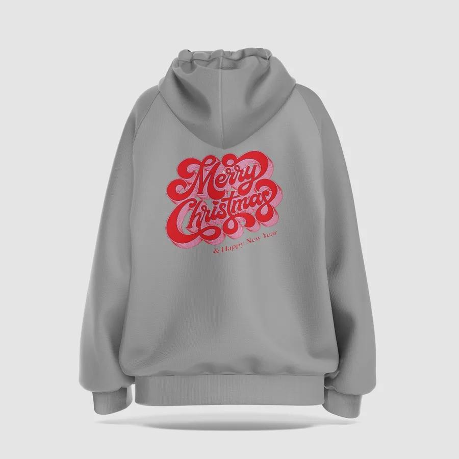 Heather grey hoodie with red script Merry Christmas lettering on the back