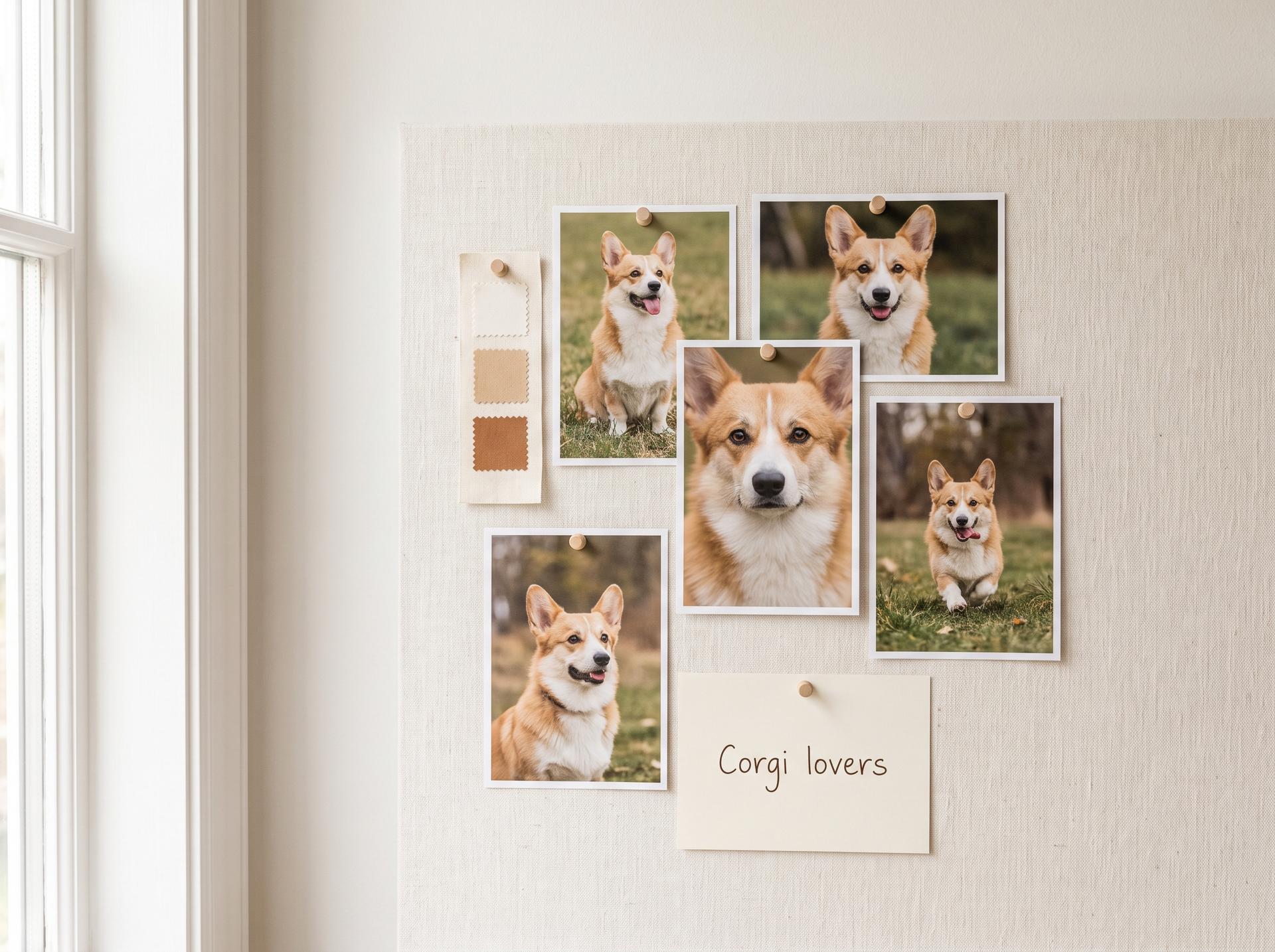 A moodboard of corgi reference photos labelled Corgi lovers - defining a niche audience