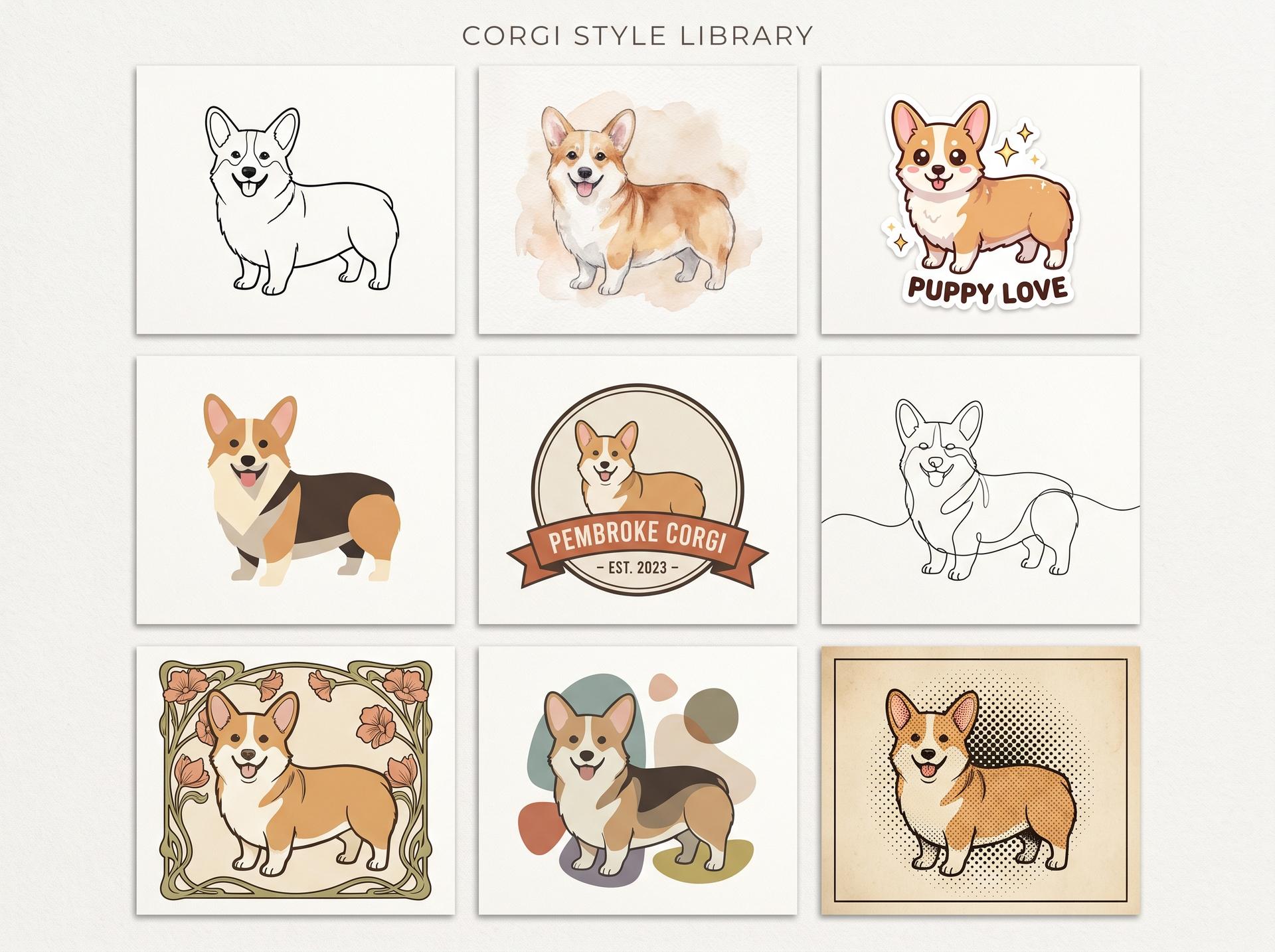 A design library of nine corgi illustrations in different art styles