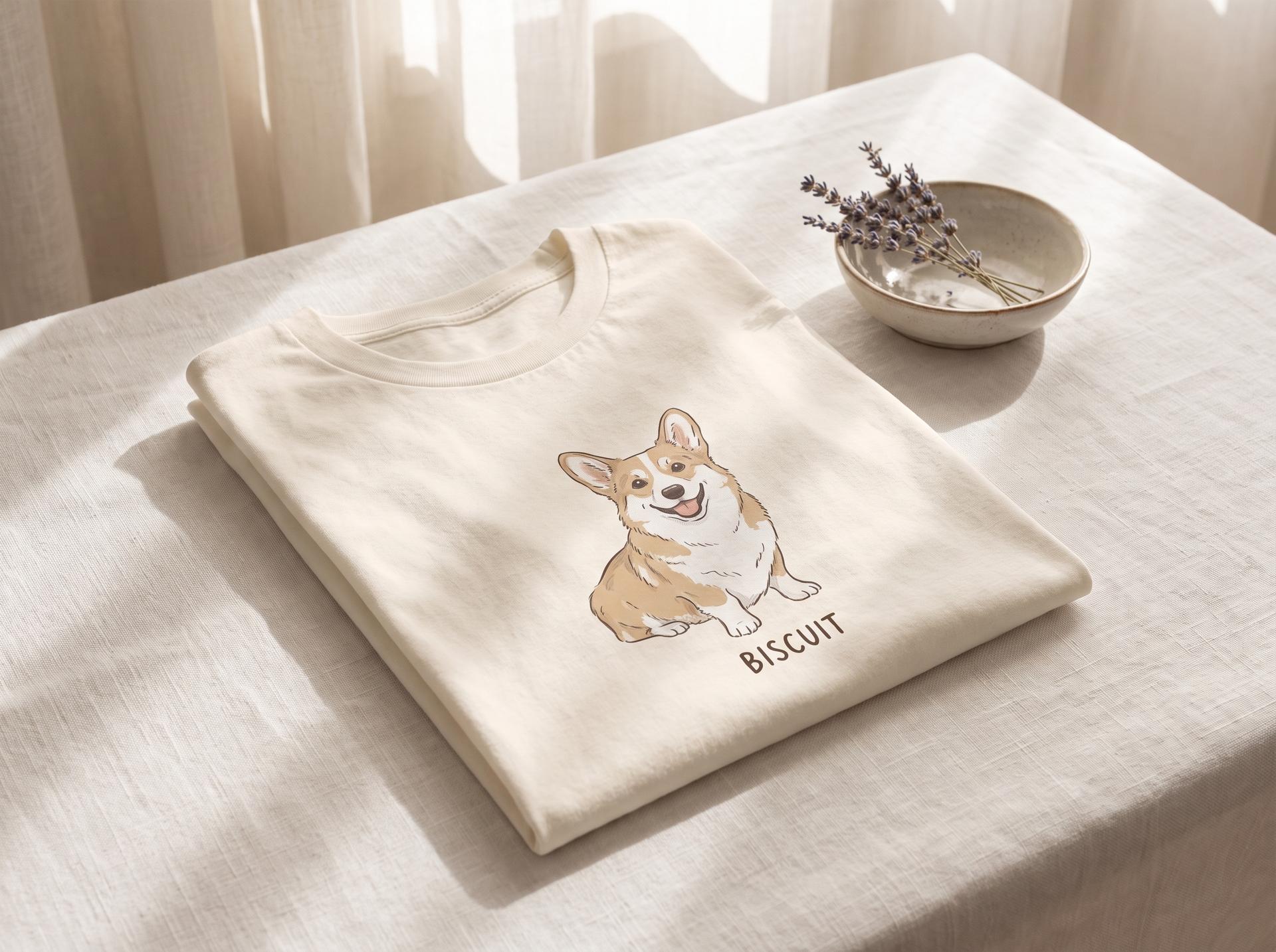 A cream t-shirt printed with a corgi illustration and a custom name Biscuit