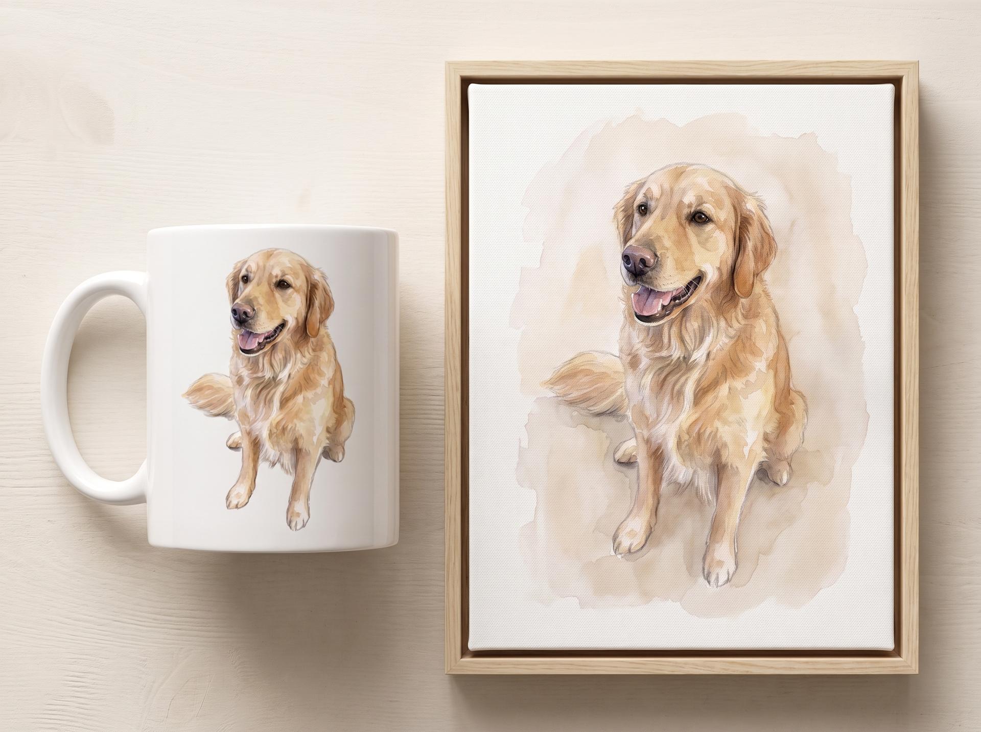 A golden retriever portrait on a mug, framed canvas and magnet