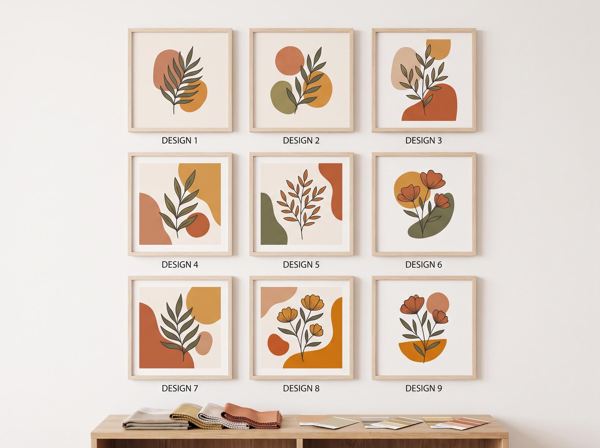A grid of nine coordinated botanical and abstract art designs