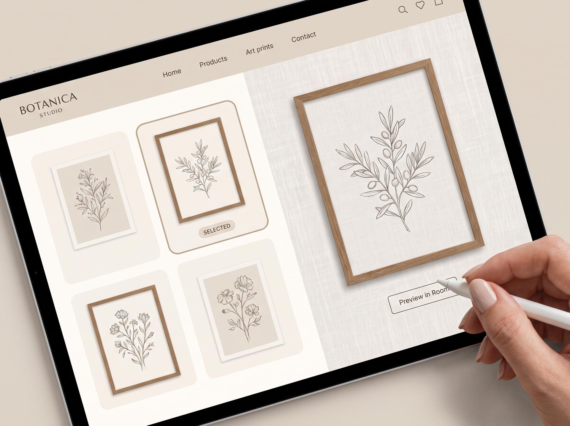 A store interface where a shopper selects a botanical art design