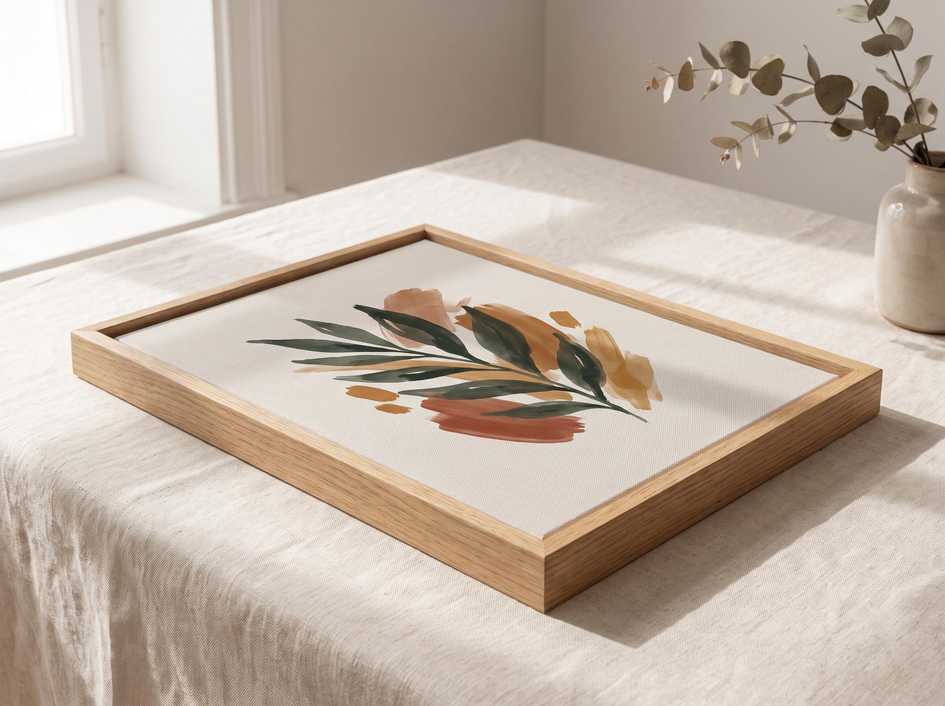 A framed botanical abstract art canvas as a print-ready product