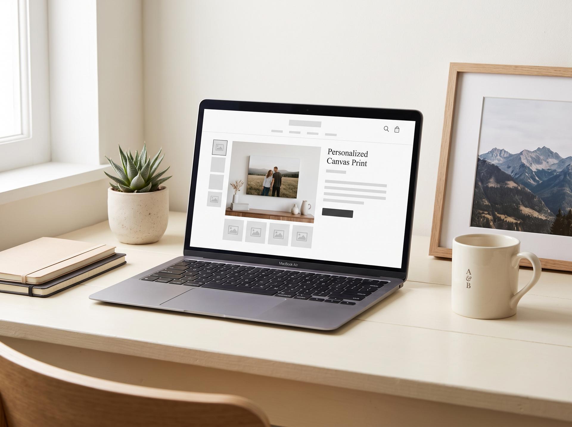An online store product page beside finished personalized products