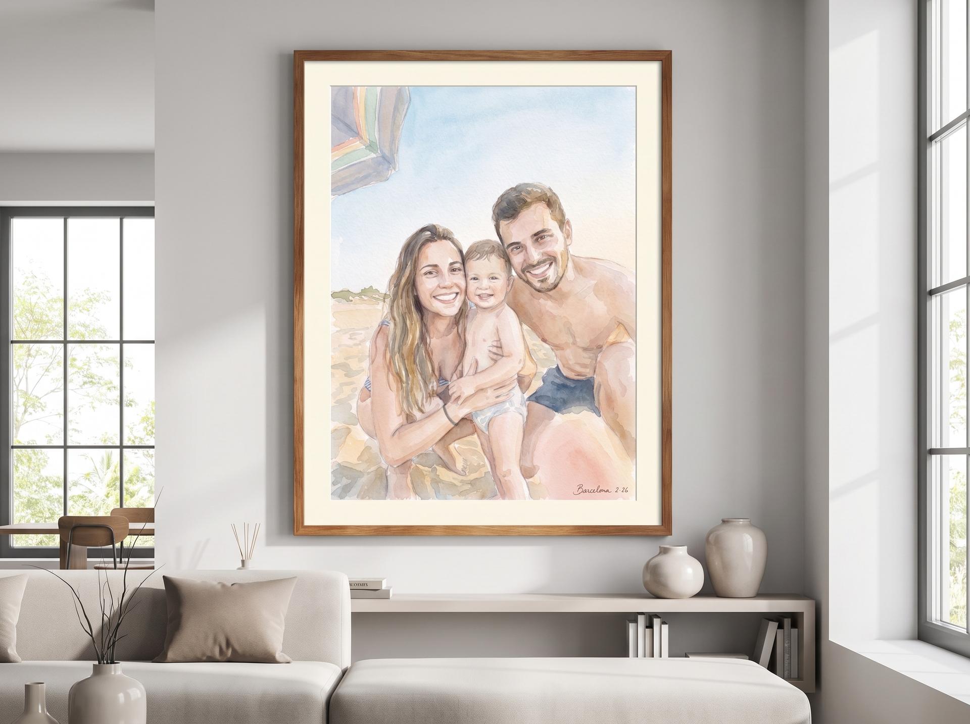 A large premium canvas of a family beach photo on a modern wall