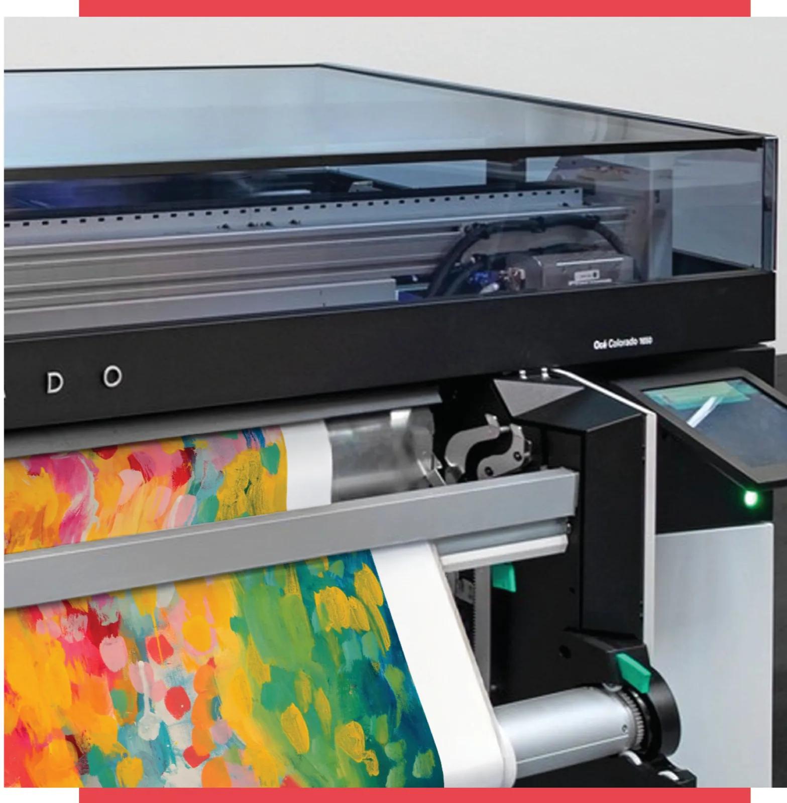 Océ Colorado 1650 UV gel roll-to-roll press on the RV Print Factory floor