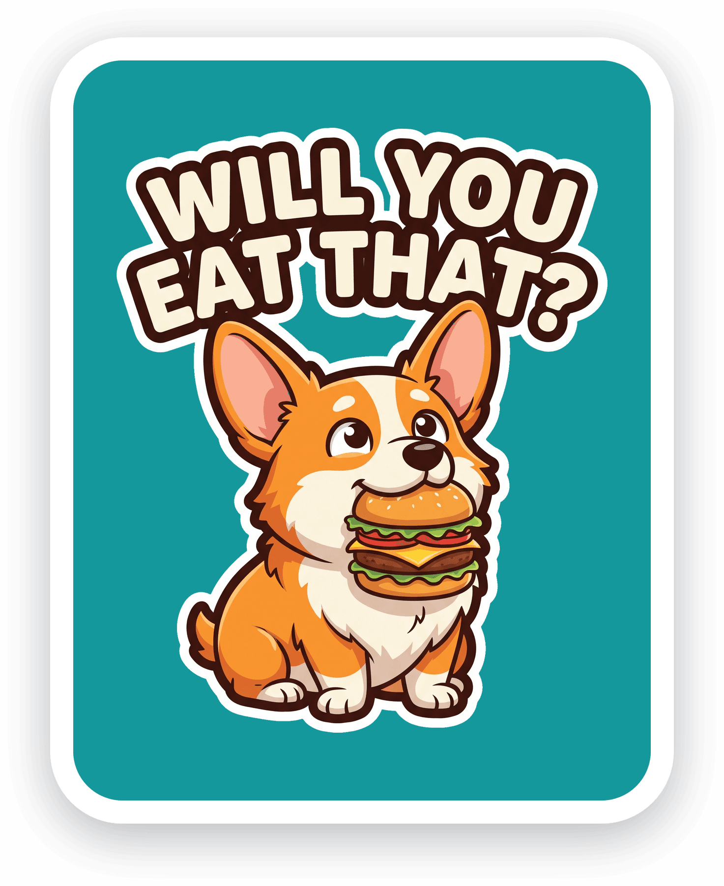 Illustrated die-cut sticker of a corgi with a burger