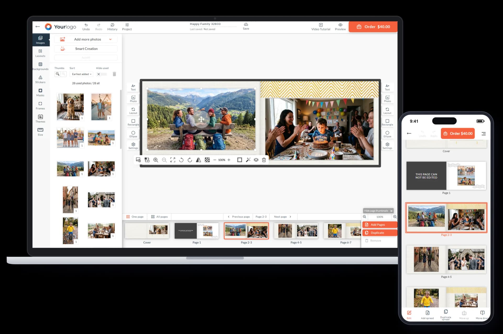 Printbox photo book editor on a laptop and the same photo book in the mobile editor