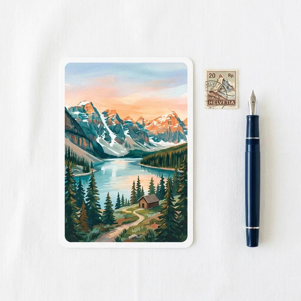 AI-generated illustrated postcard of a mountain lake