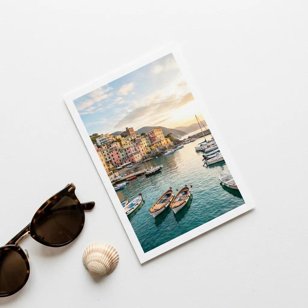 Personalized travel postcard with a customer photo of a seaside town
