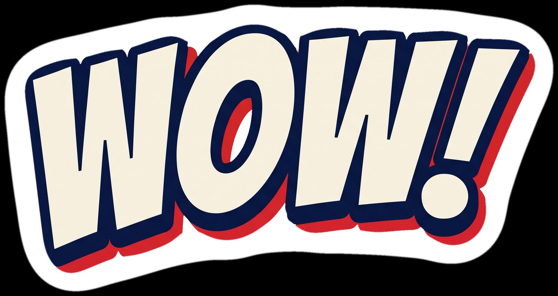Comic-style die-cut sticker reading WOW!