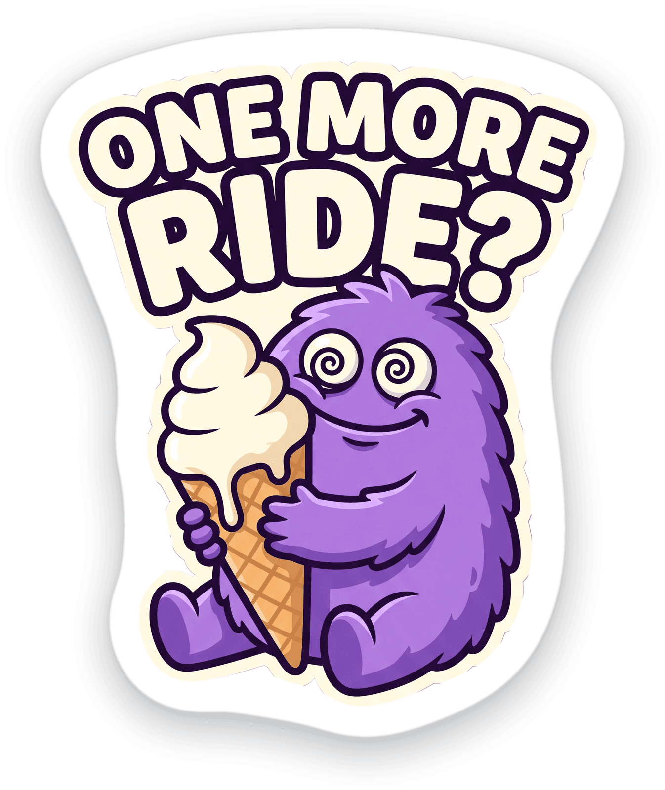Illustrated die-cut sticker of a purple monster holding an ice cream cone