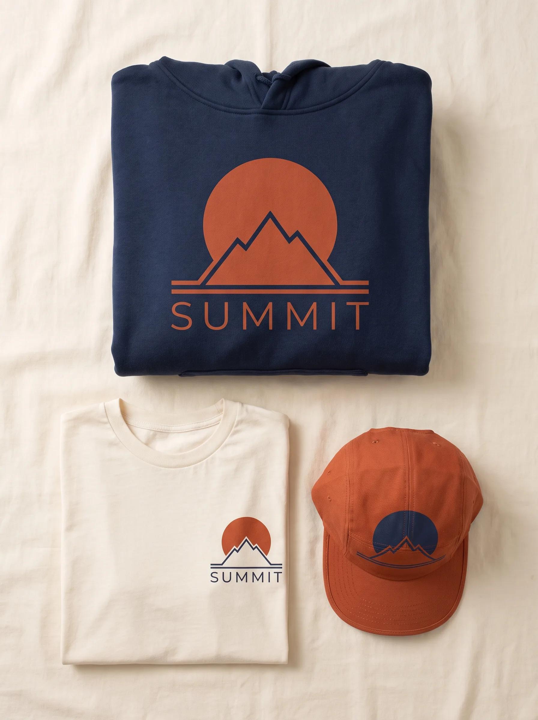 A coordinated apparel range - tee, hoodie and cap - with a matching mountain graphic