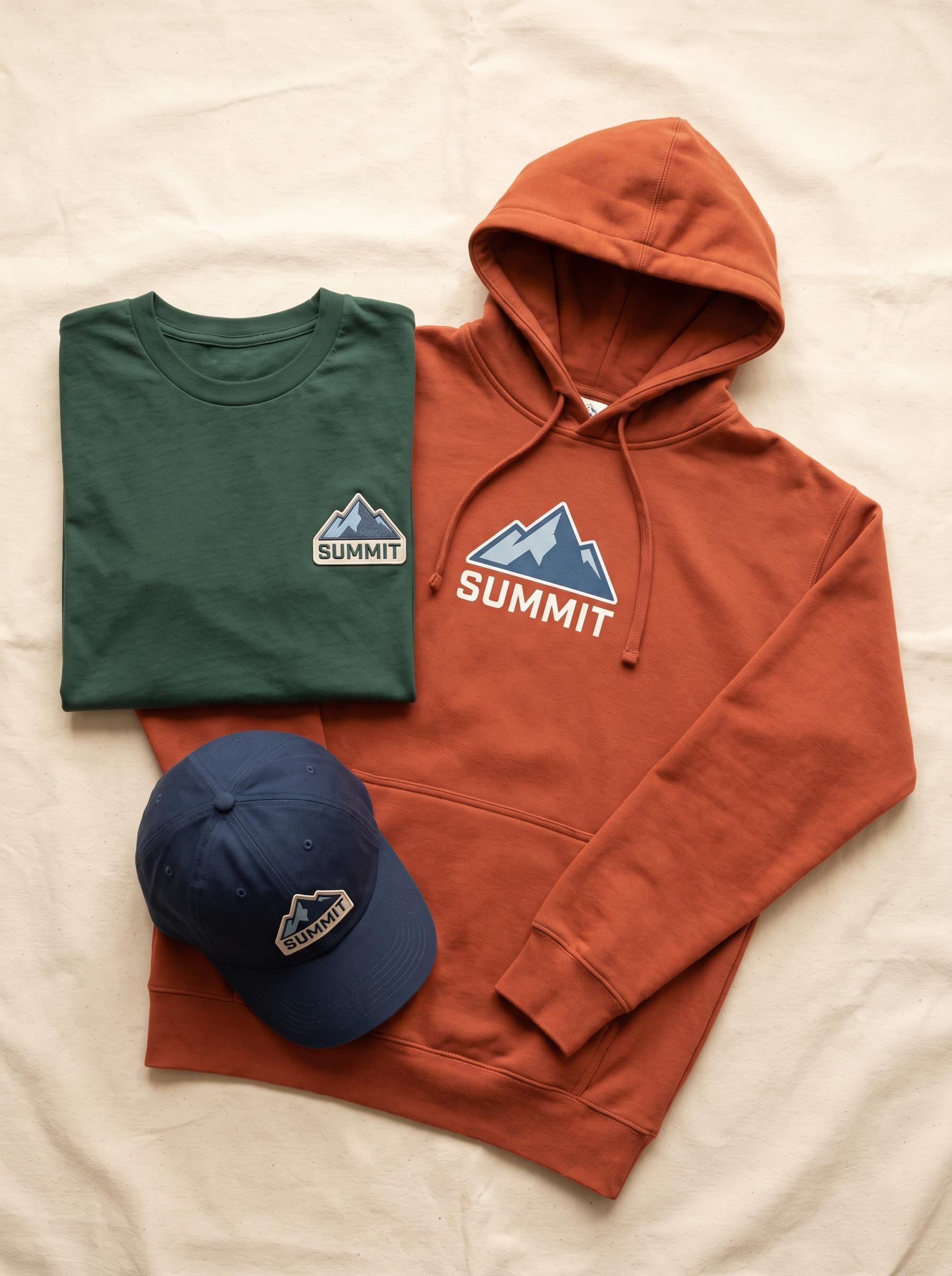 A coordinated apparel range - tee, hoodie and cap - with a matching mountain graphic