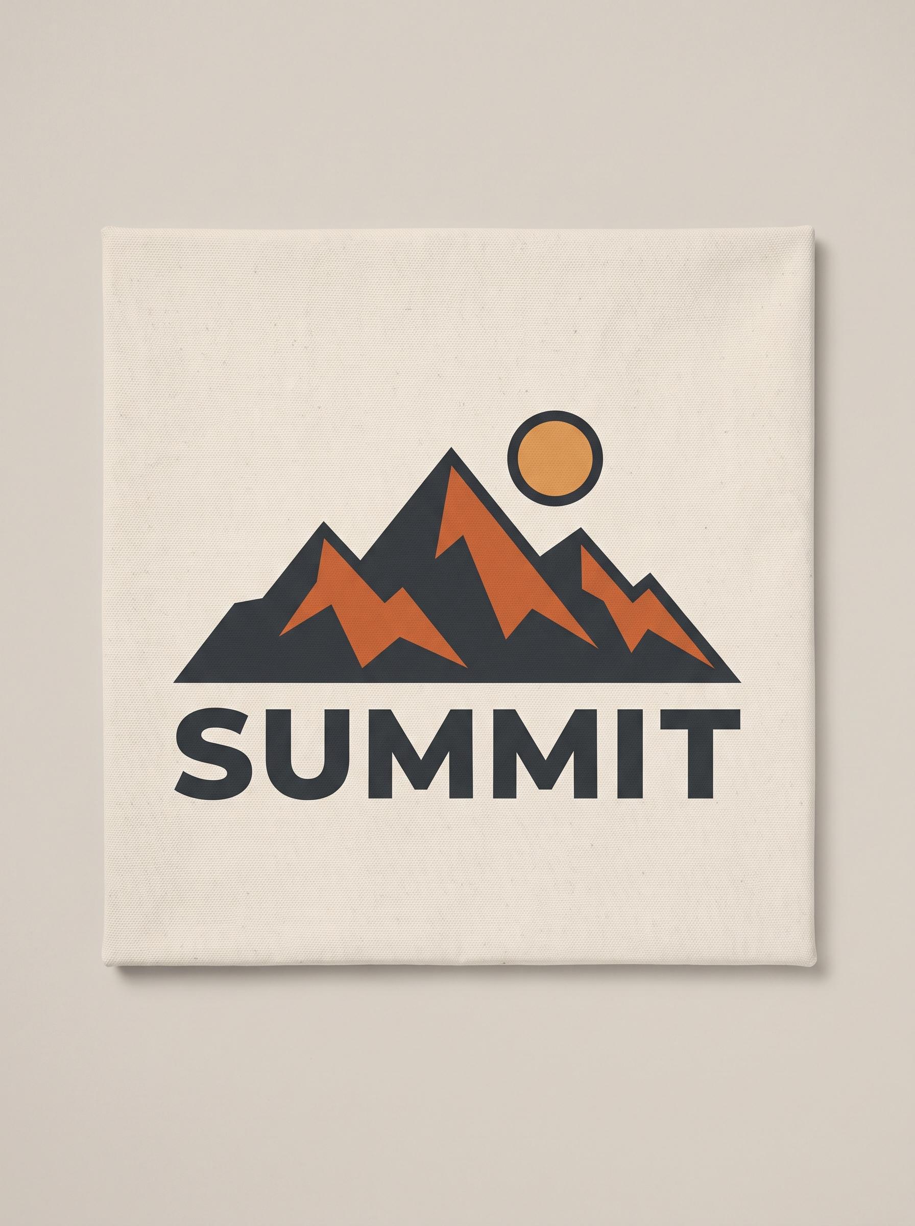 A bold SUMMIT mountain graphic design on a neutral background